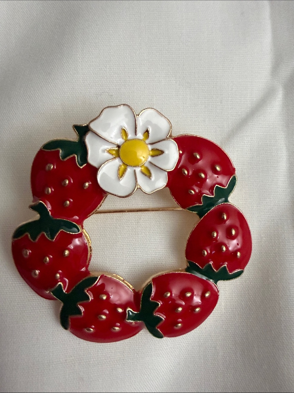 Strawberry Wreath Enamel Brooch with White Flower